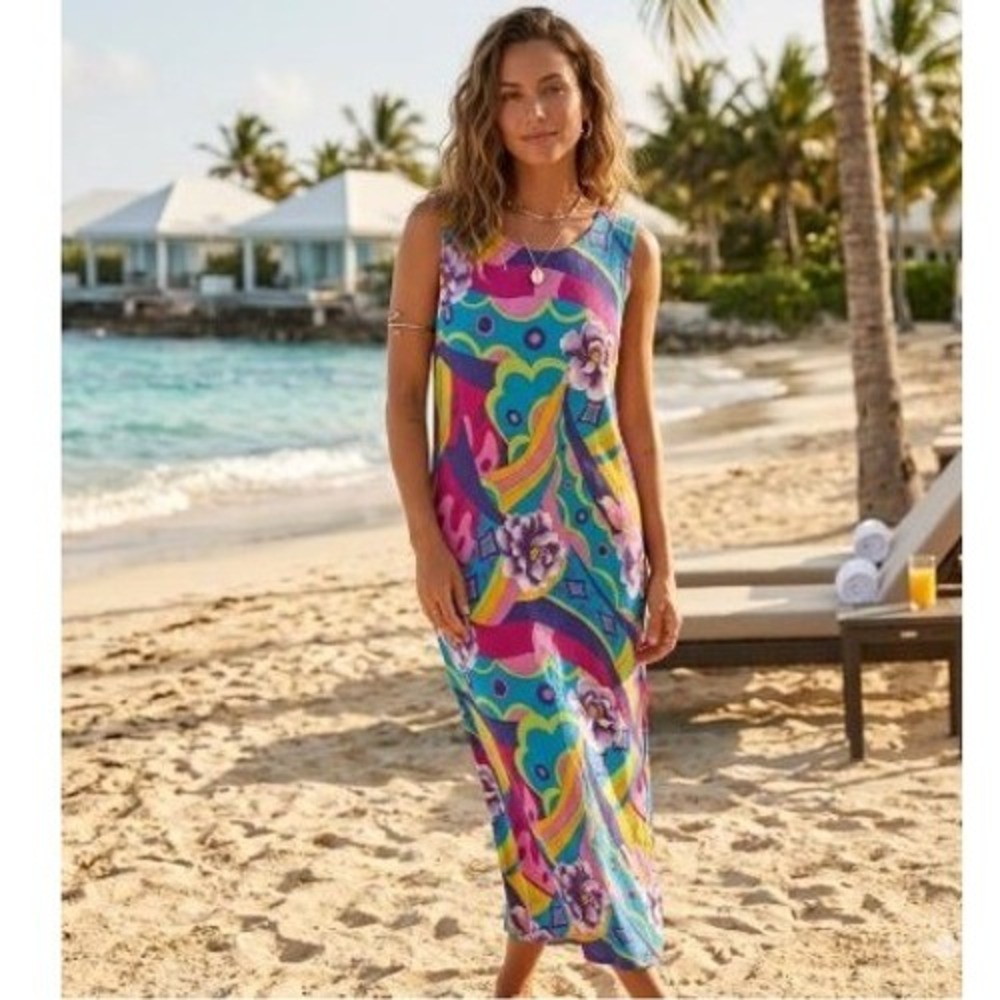 Vintage R&K Original Funky Hawaiian Floral Rayon Maxi Dress Sz Lg Retro Look